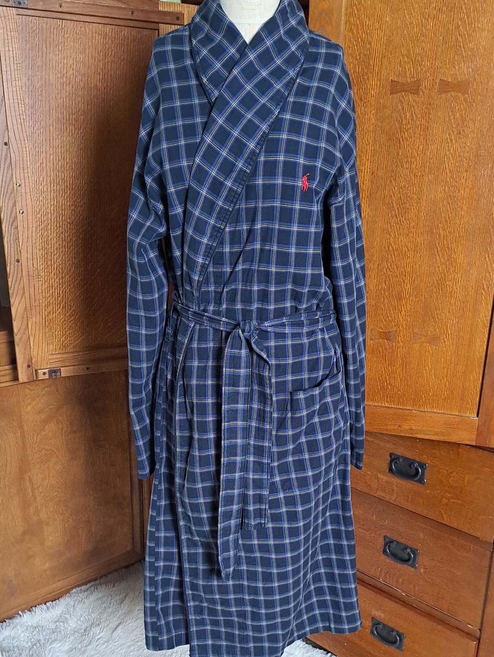 Vintage Polo Ralph Lauren Plaid Cotton Robe S/M Blue Green Sleepwear